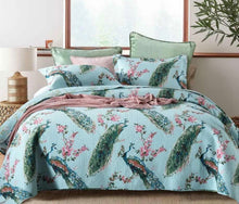Cotton bedspread coverlet queen king quilted blue peacock green