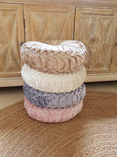Round glamour velvet ruched cushion moonlight beige