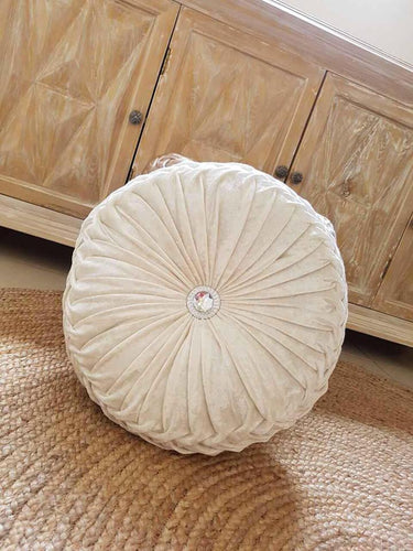 Round glamour velvet ruched cushion cream