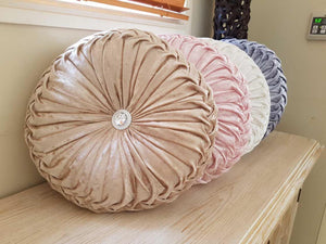 Round glamour velvet ruched cushion moonlight beige