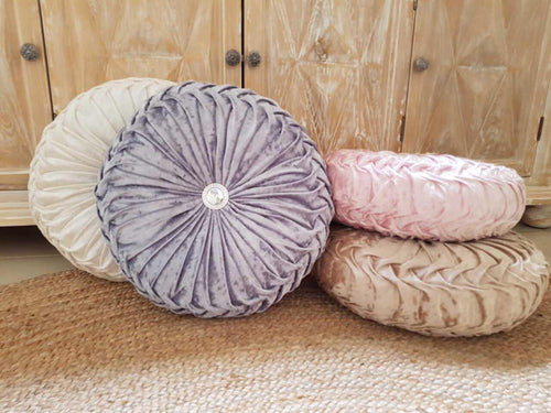 Round glamour velvet ruched cushion moonlight grey