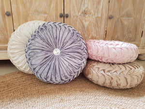 Round glamour velvet ruched cushion moonlight grey
