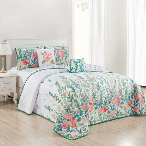 5 piece bedspread queen/ king   floral  white green  blue