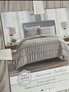 3 piece queen Anastasia  comforter bedspread beige taupe latte ruffles