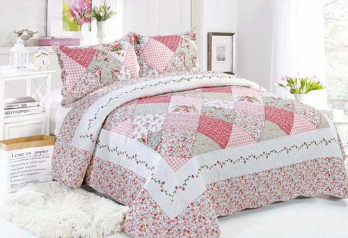 Cotton bedspread coverlet queen king patchwork style peach pink vintage country florals