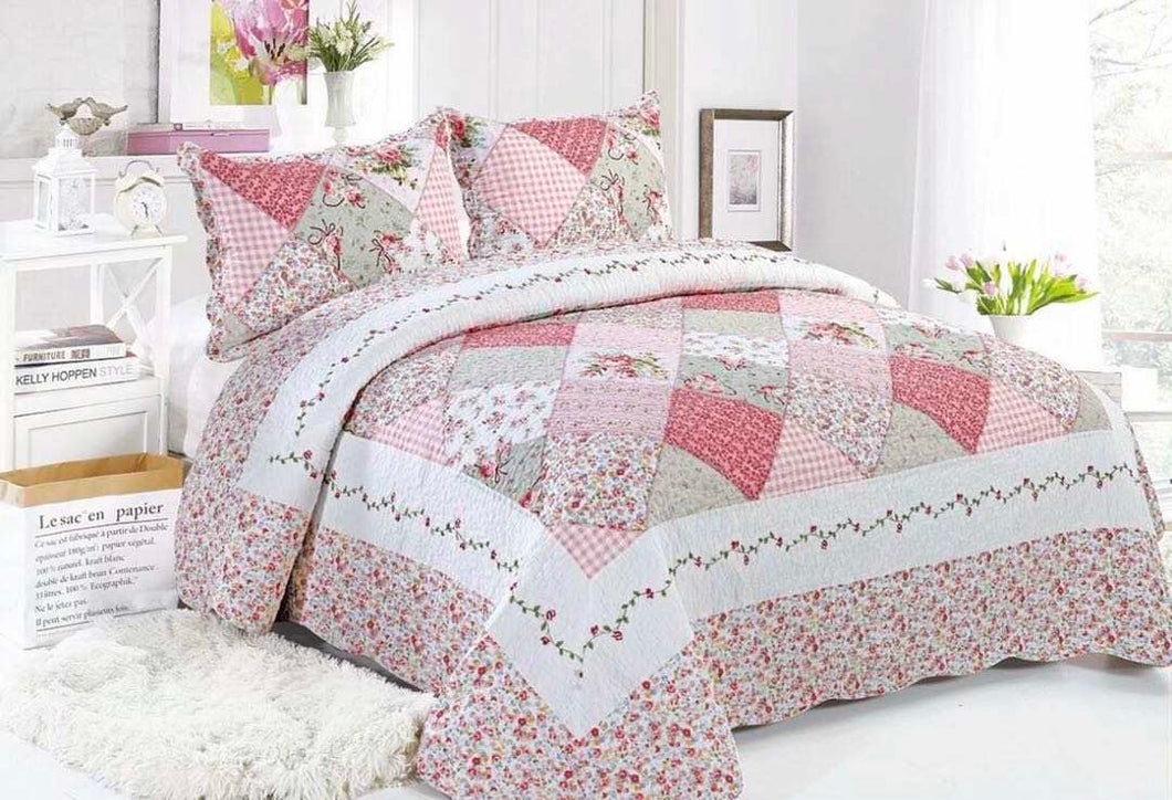 Cotton bedspread coverlet queen king patchwork style peach pink vintage country florals