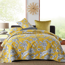 Cotton bedspread coverlet queen king quilted vibrant yellow mustard black white floral