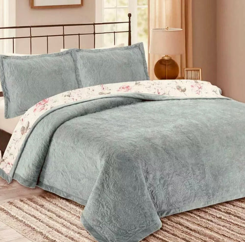 Plush soft velvet bedspread coverlet queen king quilted provincial damask floral cotton reverse blue