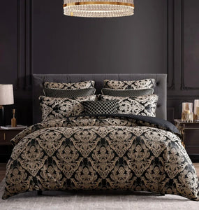 Vercelli noir Davinci quilt cover set elegant damask provincial gold black king jacqurad