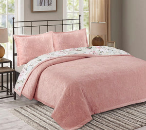 Plush velvet bedspread coverlet queen king quilted provincial damask pink floral cotton reverse