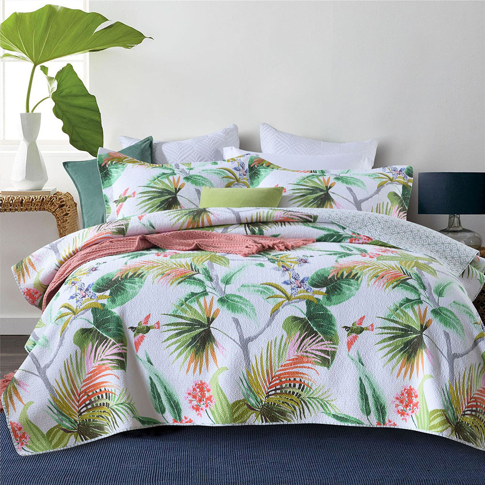 Cotton bedspread coverlet queen king tropical blue green rainforest bird reversible