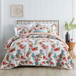 Cotton bedspread coverlet king queen reversible the blue bird floral red orange reverse