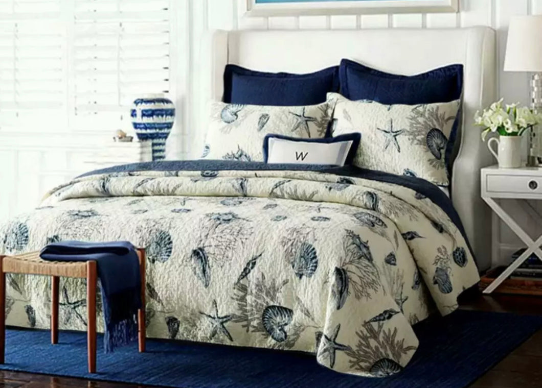 3 piece  blue bedspread coverlet cotton queen king provincial blue navy  beige nautical shell coral reversible