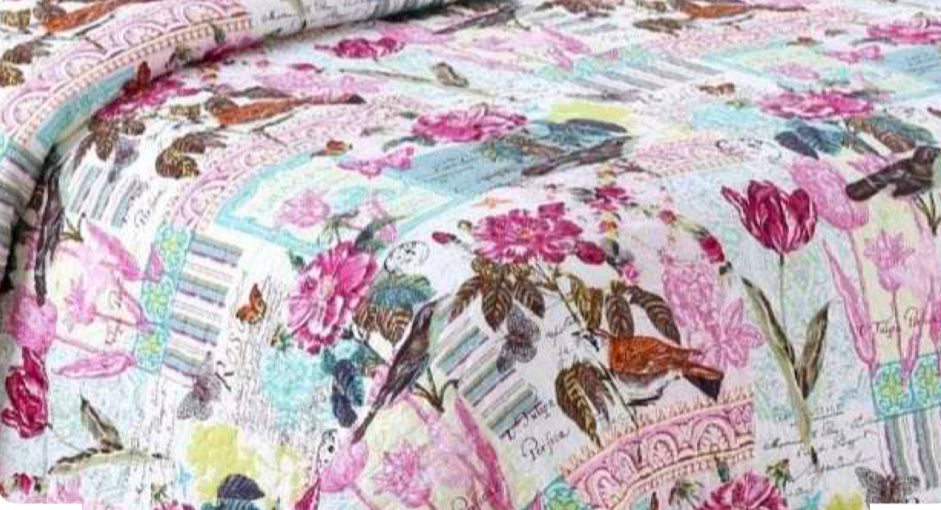 Cotton bedspread queen king pink French elegant bird butterfly vintage vibrant