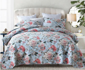 Cotton bedspread coverlet quilted queen king vintage floral blue