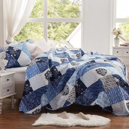 Blue navy coverlet bedspread queen king patchwork design light weight paisley floral