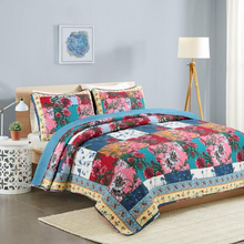 Cotton bedspread coverlet king queen reversible botanical red blue pink patchwork design