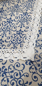 6-8 seater Vintage table cover navy linen lace