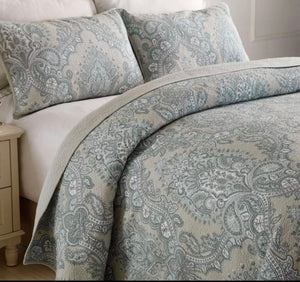 Cotton bedspread coverlet queen king quilted provincial damask blue grey royal elegant