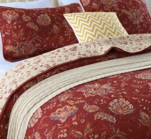 Sale 3 piece coverlet bedspread queen king reversible quilted burgundy red floral beige