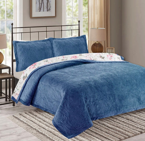 Plush soft velvet bedspread coverlet queen king quilted provincial damask floral cotton reverse Royal Navy blue