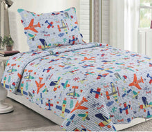 Boy kids single or king plane aeroplane blue coverlet bedspread cloud