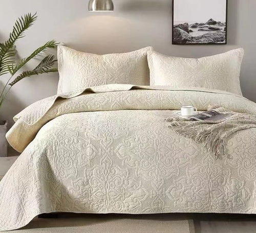 Embroidered gold beige cotton coverlet bedspread premium damask royal beige natural neutral tone  gold