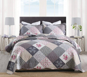 Grey floral vintage coverlet bedspread quilted queen king patchwork design light weight paisley floral