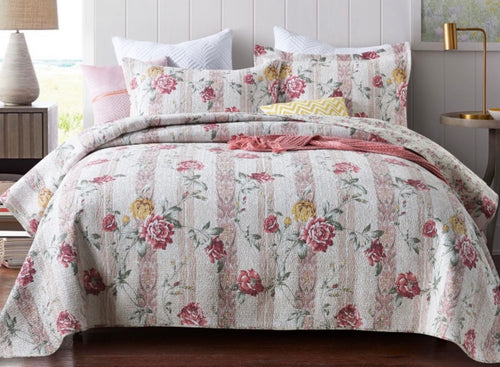 3 piece cotton bedspread pink beige coverlet girl pink vintage provincial floral pretty cotton reversible quilted