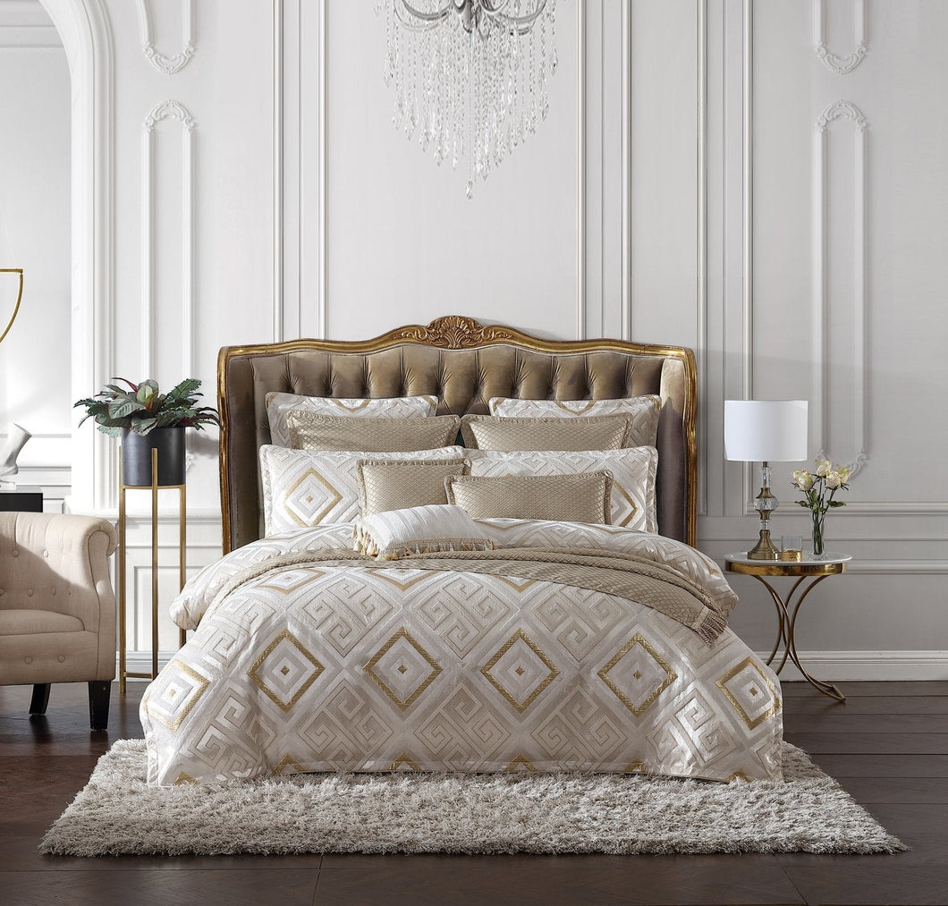 Davinci santos snow quilt cover set king gold cream elegant jacquard ivory chenille greek key motif