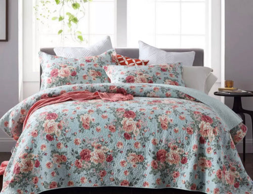 Sale Cotton bedspread coverlet king queen summer floral  the green blue vintage oranges peach garden