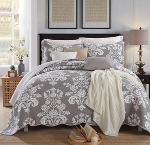 Sale New 3 piece bedspread quilted coverlet cotton queen king grey provincial damask grey white