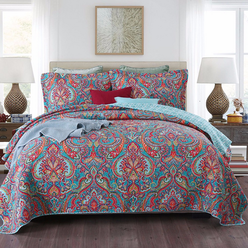 Sale 3 piece cotton bedspread coverlet paisley reversible colour Moroccan inspired summer reversible