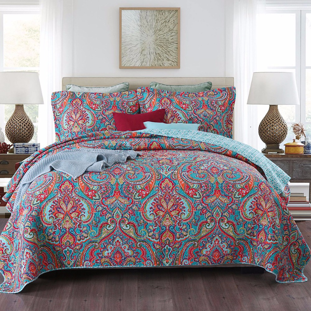 Sale 3 piece cotton bedspread coverlet paisley reversible colour Moroccan inspired summer reversible