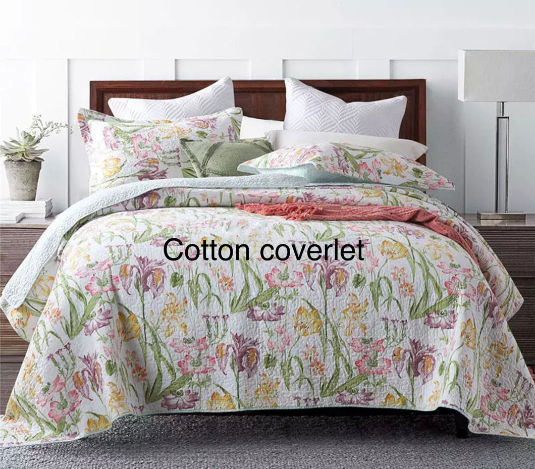 Sale 3 piece  bedspread coverlet cotton queen king floral white pink purple yellow green reversible summer vibrant