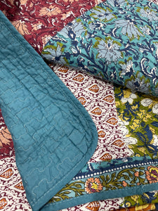 Cotton quilted bedspread queen king blue green multicolour patchwork design beige cotton Floral vibrant