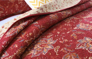 Sale 3 piece coverlet bedspread queen king reversible quilted burgundy red floral beige