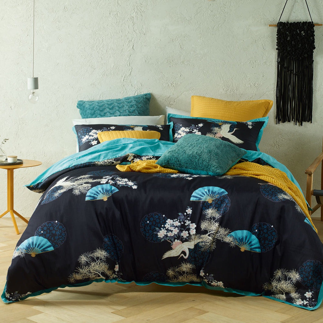 Soraya cotton quilt cover set Bianca blue aqua black super king blue black aqua