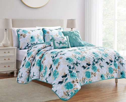 5 piece set Queen / king bedspread coverlet floral green blue turquoise aqua summer vibrant Relax