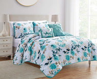 5 piece set Queen / king bedspread coverlet floral green blue turquoise aqua summer vibrant Relax