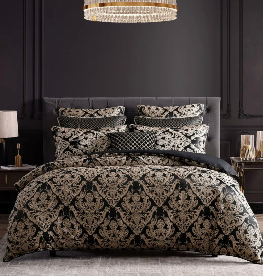 Vercelli noir Davinci quilt cover set elegant damask provincial gold black queen jacqurad