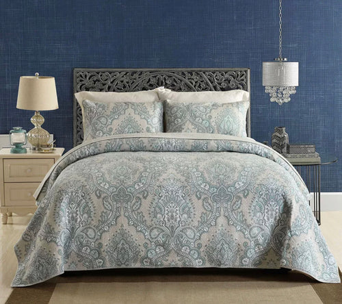 Cotton bedspread coverlet queen king quilted provincial damask blue grey royal elegant