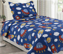 Boy kids single or king single spaceship rocket blue coverlet bedspread cloud