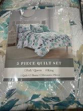 5 piece set Queen / king bedspread coverlet floral green blue turquoise aqua summer vibrant Relax