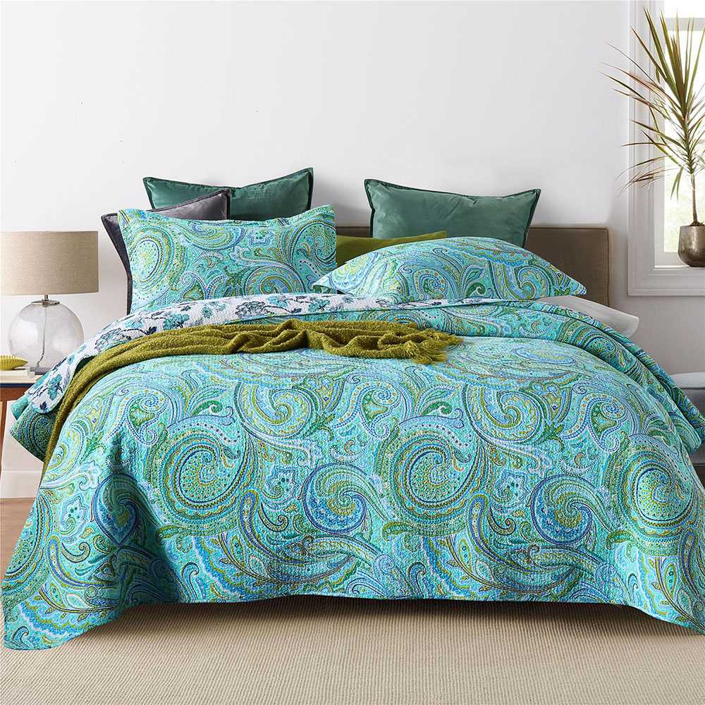 Cotton bedspread coverlet queen king blue green Paisley reversible