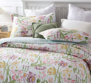 Sale 3 piece  bedspread coverlet cotton queen king floral white pink purple yellow green reversible summer vibrant