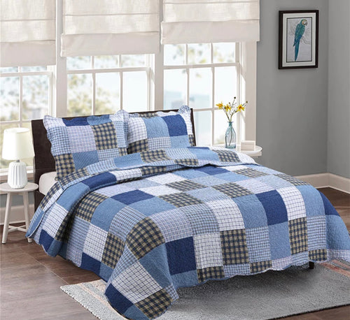 Cotton bedspread coverlet queen king quilted navy blue patchwork country