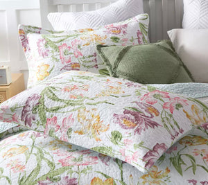 Sale 3 piece  bedspread coverlet cotton queen king floral white pink purple yellow green reversible summer vibrant