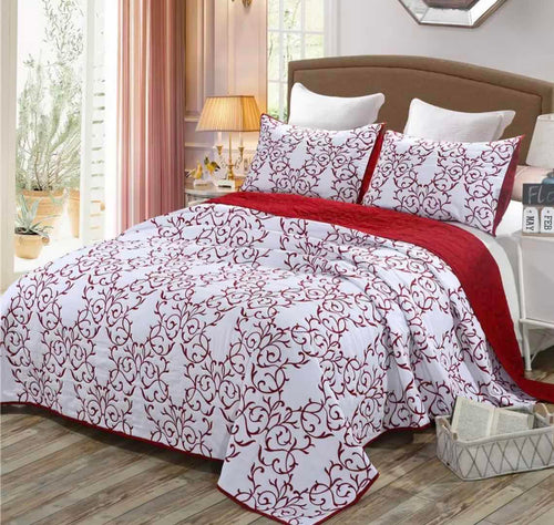 Cotton bedspread coverlet queen king quilted provincial damask red embroidered elegant royal white