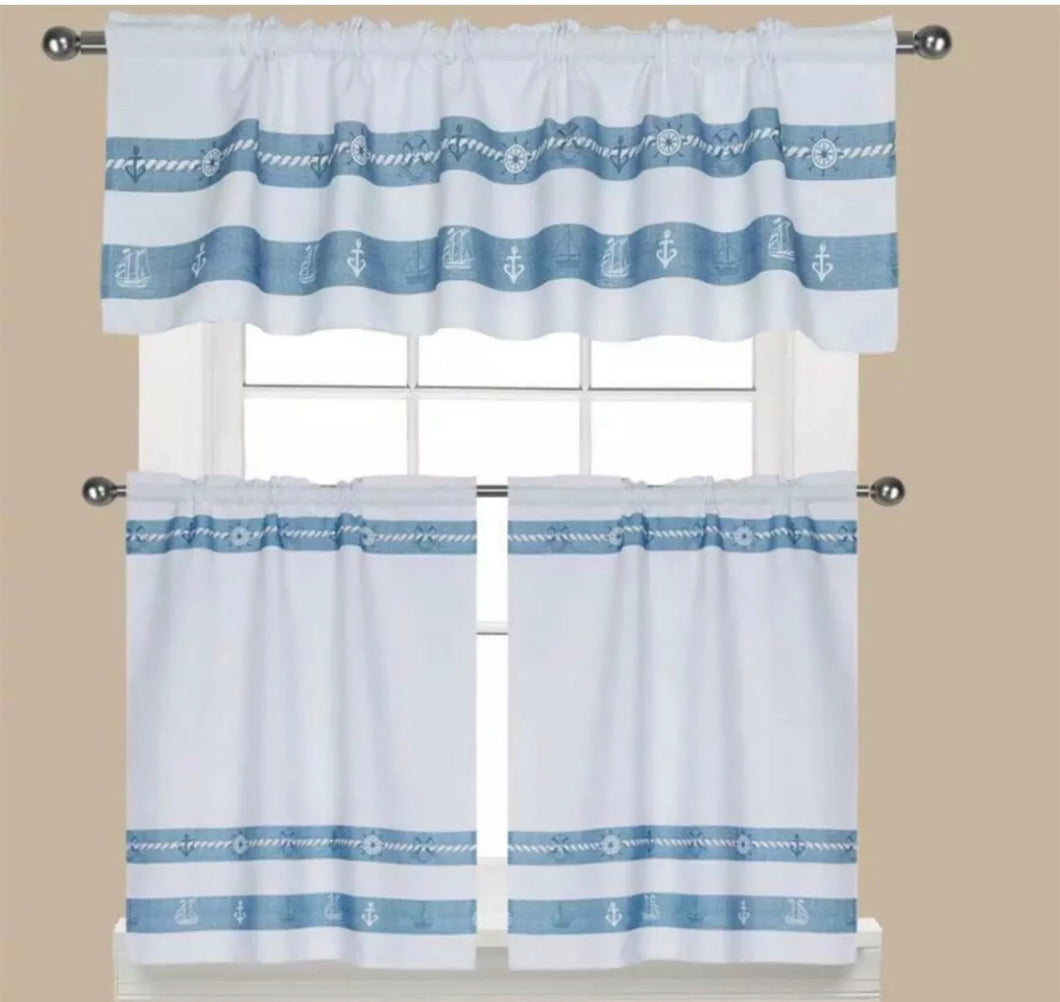 3 piece kitchen curtain nautical white blue